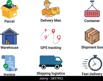 Delivery and Logistics Icons Set, Parcel, Shipping, Tracking, and Warehouse Vector Stock Vector