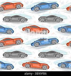 Vector Sport Car seamless pattern, decorative automotive background with concept sport coupe in moving for bed linen, square placard with artwork of r Stock Vector