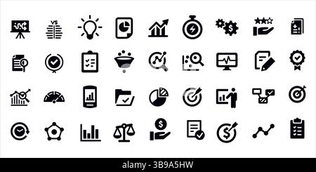 Black Business Icon Set – Analytics, Productivity & Growth Stock Vector