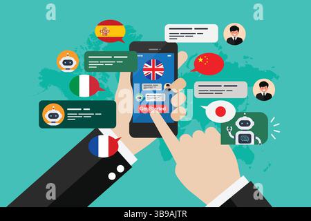 Learning of different foreign languages through the mobile application smartphone in the hand. Multi language learning concept illustration. Vector il Stock Vector