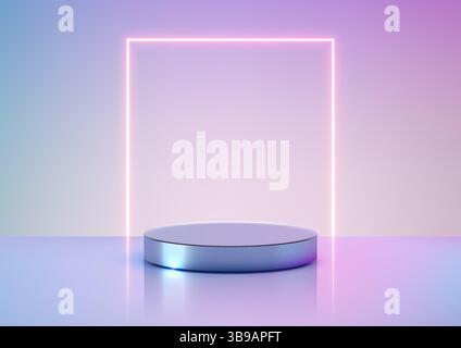 minimalist futuristic 3d scene featuring a metallic round platform under a glowing neon pink square frame, soft pastel blue and purple hues, tech mock Stock Vector