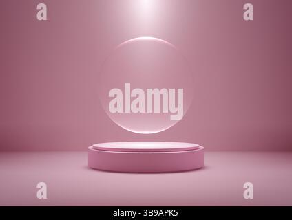 3d pink cylindrical podium mockup featuring a floating translucent circle, ideal for product display or minimalist showcase. Modern design with spotli Stock Vector