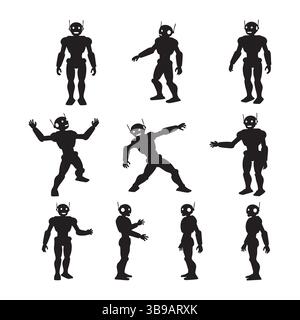Set of robot silhouette on white background Stock Vector