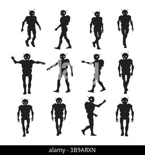 Set of robot silhouette on white background Stock Vector