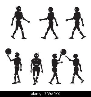 Set of robot silhouette on white background Stock Vector