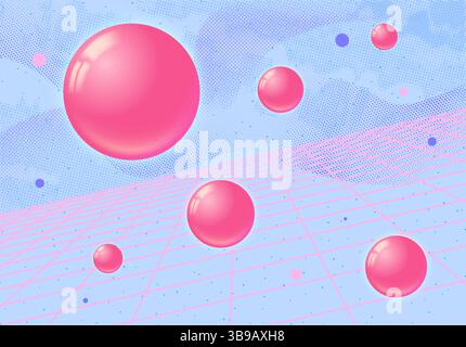 Retro-futuristic digital artwork with glossy spheres, neon grid, and halftone textures, in a sci-fi landscape. Stock Vector
