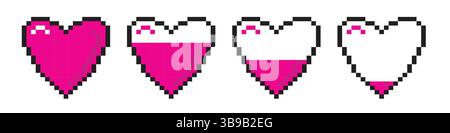Pixel hearts icon set. 8 bit health game life bar. Stock Vector