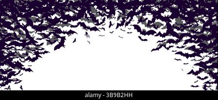 White background with black silhouette of flying bats flock. Halloween banner Stock Vector