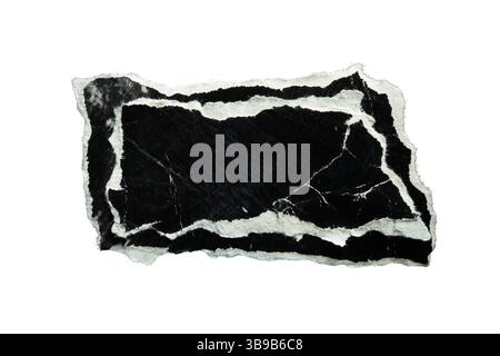 A torn rectangular black paper textbox frame with a ripped edge on white background with clipping path Stock Photo