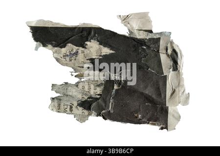 A black flag shape collage from torn old newspaper on white background with clipping path Stock Photo