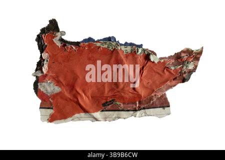 A red flag shape collage from torn old newspaper on white background with clipping path Stock Photo