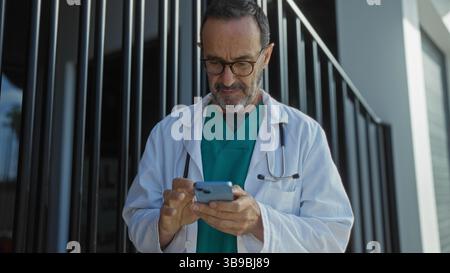 Mature hispanic man in doctor's coat using phone outside hospital on city street during daytime for communication purposes Stock Photo