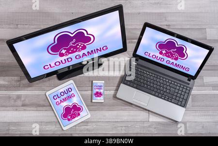 Cloud gaming concept shown on different information technology devices Stock Photo