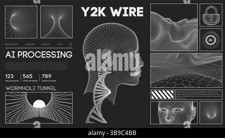 Futuristic Y2K wireframe vector illustration featuring digital human head, AI processing interface, wormhole tunnel design, hexagonal mesh landscape Stock Vector