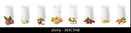 Different types of nut milk in glasses isolated on white, set Stock Photo