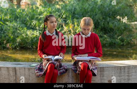 Two schoolgirls reading books sitting on a low wall in a park Stock Photo