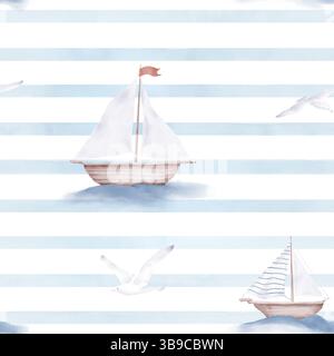 Ships and boats with sails on background of stripes of white and blue colors. Watercolor illustration. Seagulls above the waves and horizontal stripes Stock Photo