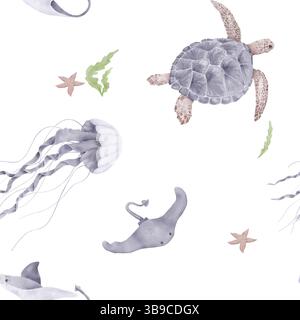 Sea turtle and ocean stingray swim between jellyfish and starfish. Watercolor illustration. Seamless pattern. Marine animals and algae from underwater Stock Photo