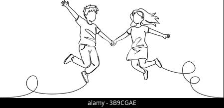 continuous single line drawing of two happy children jumping in joy, line art vector illustration Stock Vector