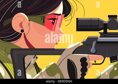 Woman aiming rifle with scope. Focused female shooter, markswoman. Precision and concentration in military or sport. Tactical gear. Vector illustratio Stock Vector
