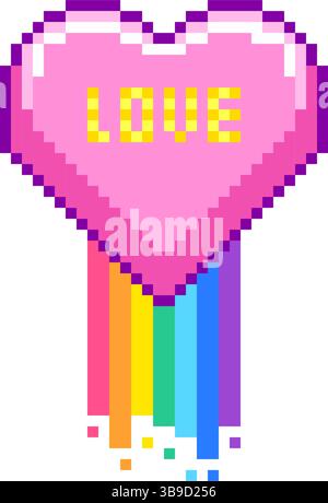 Pink pixel art heart with rainbow representing love. Stock Vector