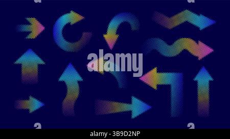 Colorful gradient halftone arrows on a dark blue background Stock Vector