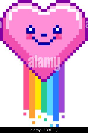 Pink pixel art heart with rainbow representing love. Stock Vector