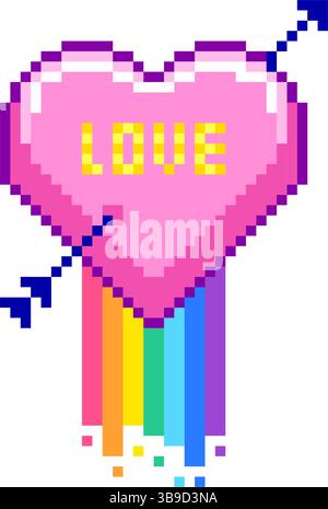 Pixel art heart with LOVE text, rainbow trails, and a pierced arrow Stock Vector