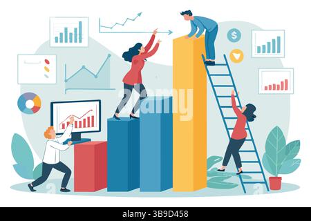 Team collaboration reaching business growth goals climbing bar chart data analysis success strategy vibrant flat design Stock Vector