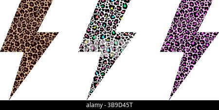 Set of lightning bolt shapes with different leopard print patterns Stock Vector