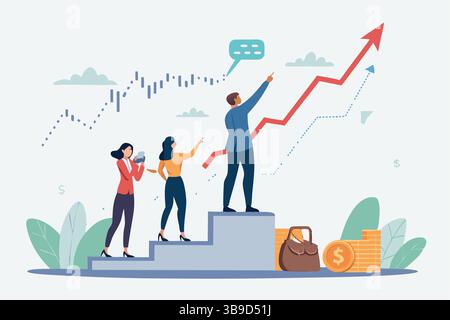 Team climbing stairs to success achieving financial growth upward trend business strategy leadership collaboration Stock Vector