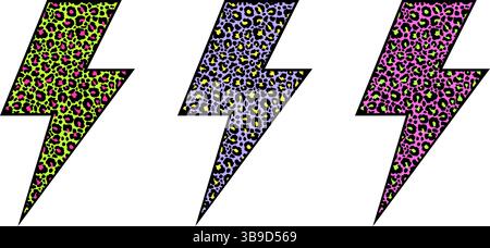 Set of lightning bolt shapes with different leopard print patterns Stock Vector