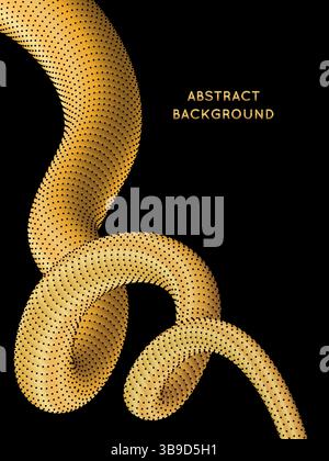 Twisted, dotted, golden gradient tube on a dark black background, creating abstract and dynamic design Stock Vector