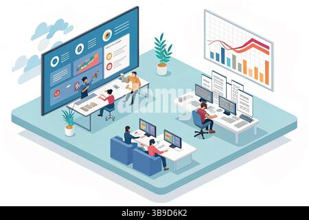 Collaborative Data Analysis Team Working on Complex Projects Modern Office Setting with Large Screens Displaying Key Stock Vector