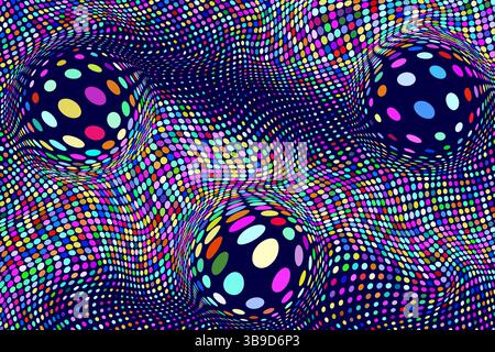 Colorful textured pattern with spheres and dots, creating an optical illusion Stock Vector