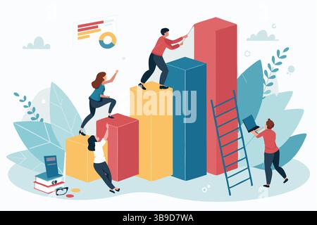 Team collaboration achieving growth climbing bar chart steps to success vibrant illustration with flat design style Stock Vector