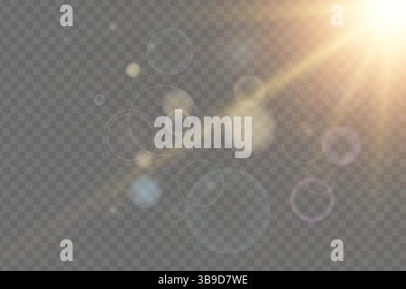 Bright sun flare with radiant rays and sparkling sunlight effect. Golden glow with transparent beam. Ideal for summer, sky and nature themes. Vector illustration. Stock Vector