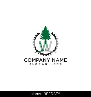 WJ letter with pine tree and sawmill logo design symbol. Vector illustration Stock Vector