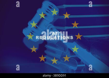 Documents with text written ‘AI Regulations’ and ‘Law,’ placed on a desk with a gavel nearby, symbolising the legal framework and governance of artifi Stock Photo