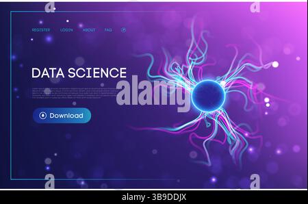 Futuristic data science landing page with glowing blue energy sphere, abstract neural connections, and vibrant electric light trails on a purple Stock Vector