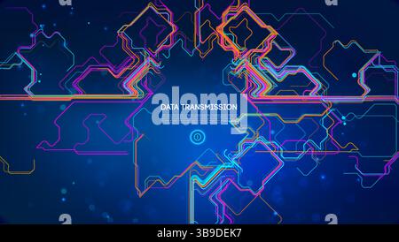 Futuristic data transmission concept with glowing neon circuit lines on dark blue background, digital network, technology flow, abstract communication Stock Vector