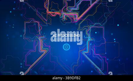AI processing concept with futuristic neon circuit lines on dark blue background, digital network, data flow, cyber connectivity, and artificial Stock Vector