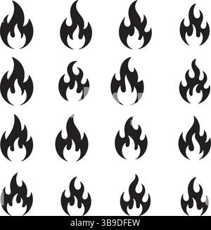 Black Flame Icons Set or Fire Symbol Silhouettes for Safety, Warning, and Design Use Stock Vector