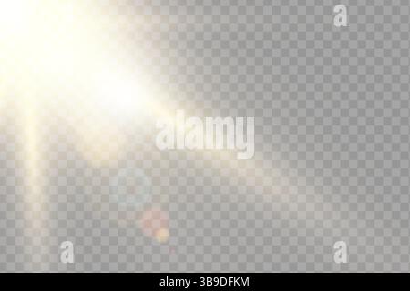 Sunlight flare with glowing rays. Creating vibrant and magical atmosphere. Bright gold beams burst through clear sky. Perfect for summer or festive themes. Vector transparent background. Stock Vector