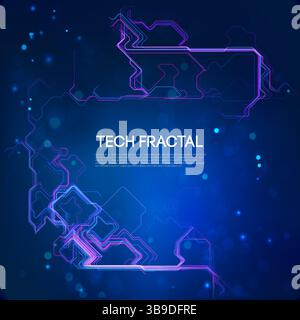 Tech fractal concept with glowing neon circuit patterns on dark blue background, futuristic digital network, cyber connectivity, abstract technology Stock Vector