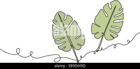 Monstera Leaves One Line Drawing with Green Color Accents Stock Vector