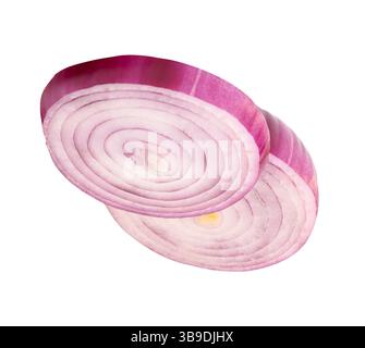 Two Spanish onion or red onion slices in stack are isolated on white background with clipping path. Stock Photo