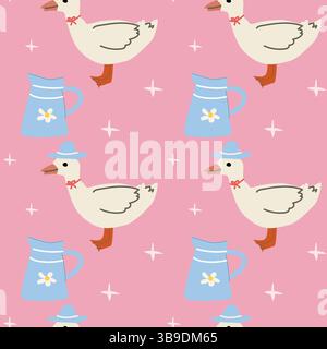 Charming cottage decor featuring ducks and vintage jugs on pastel pink background. Stock Vector