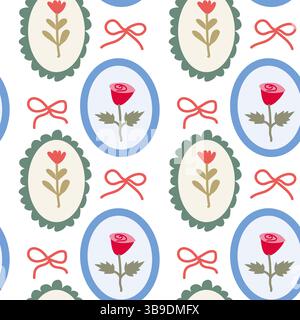Charming cottage decor pattern with floral and bow designs for home styling. Stock Vector