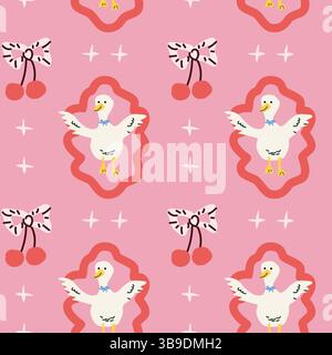 Whimsical cottagecore pattern with ducks and cherries for creative projects. Stock Vector
